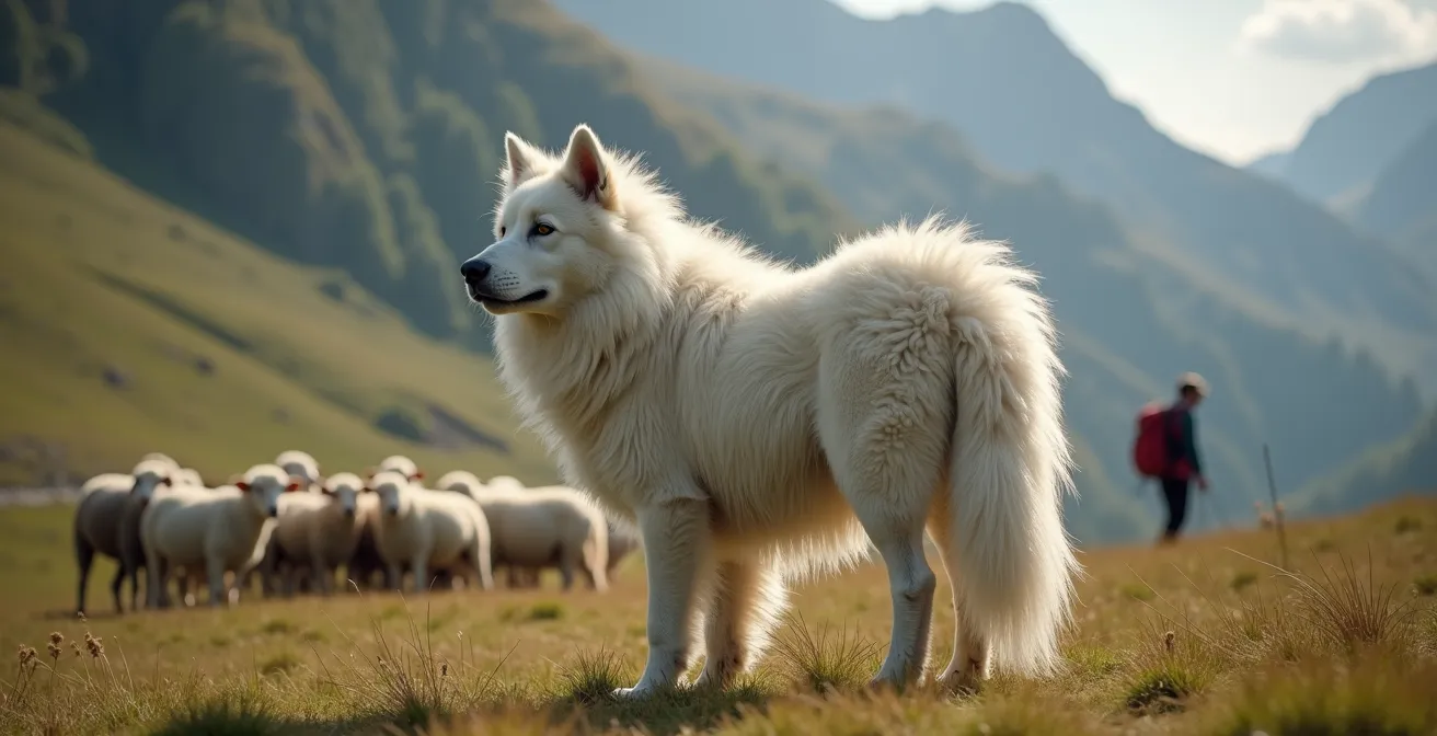 Berger des Pyrénées gardant un troupeau de moutons dans un alpage avec randonneur au loin
