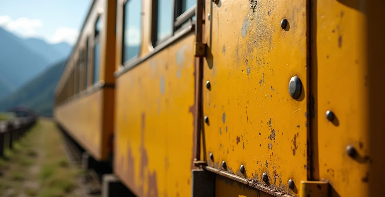 Vue panoramique du Train Jaune traversant les Pyrénées catalanes avec montagnes en arrière-plan