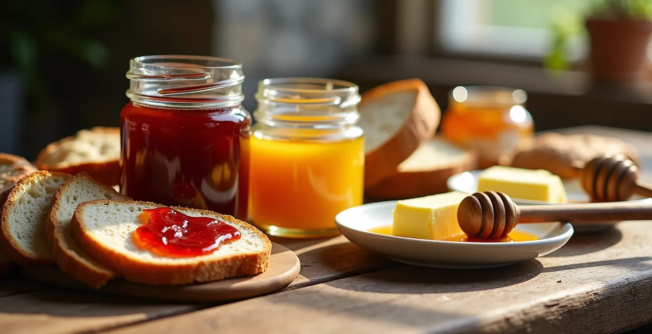 Table de petit-déjeuner avec produits du terroir français dans une salle à manger rustique