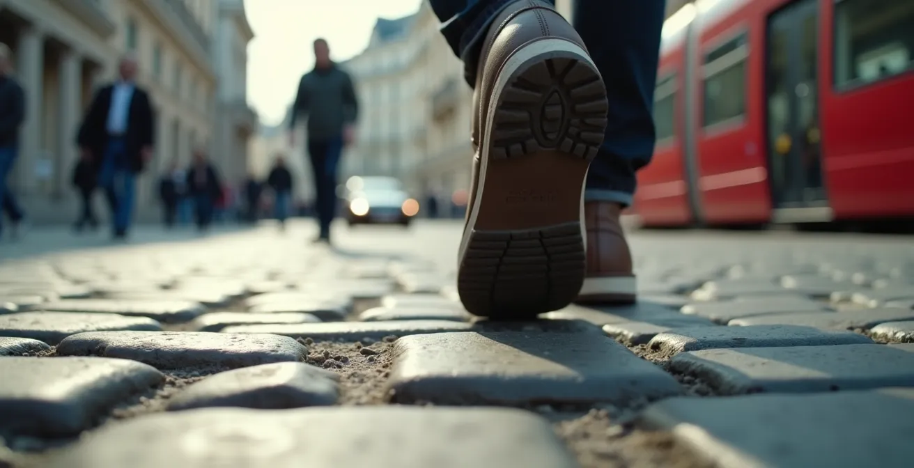 Personne marchant d'un pas décidé à travers une place urbaine avec un tramway en arrière-plan flou