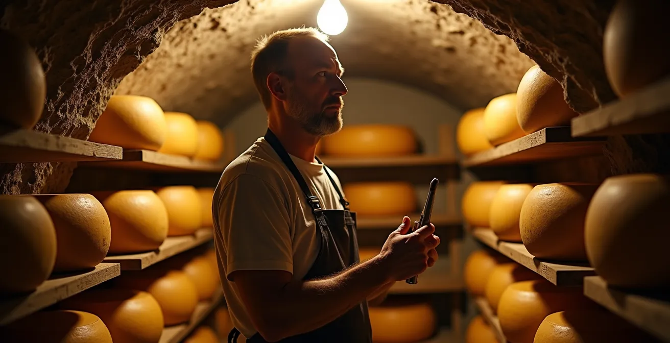 Producteur fromager dans sa cave d'affinage présentant une meule de Comté avec outils traditionnels
