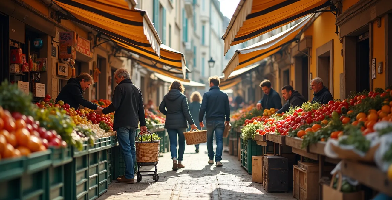 Marché de quartier animé avec habitants locaux et étals colorés