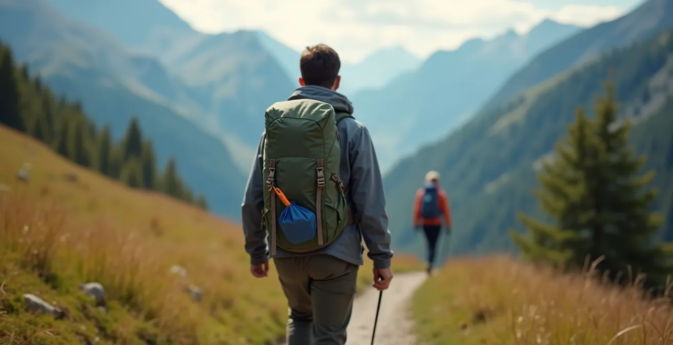 Randonneur avec équipement respectueux de l'environnement dans un paysage naturel préservé