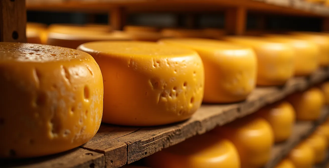 Cave d'affinage traditionnelle avec meules de Reblochon sur planches d'épicéa en Savoie