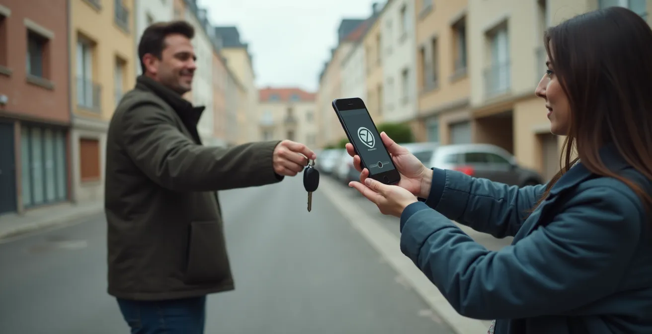 Échange de clés pour une location de voiture entre particuliers en France, une personne tendant les clés et l'autre tenant un smartphone.