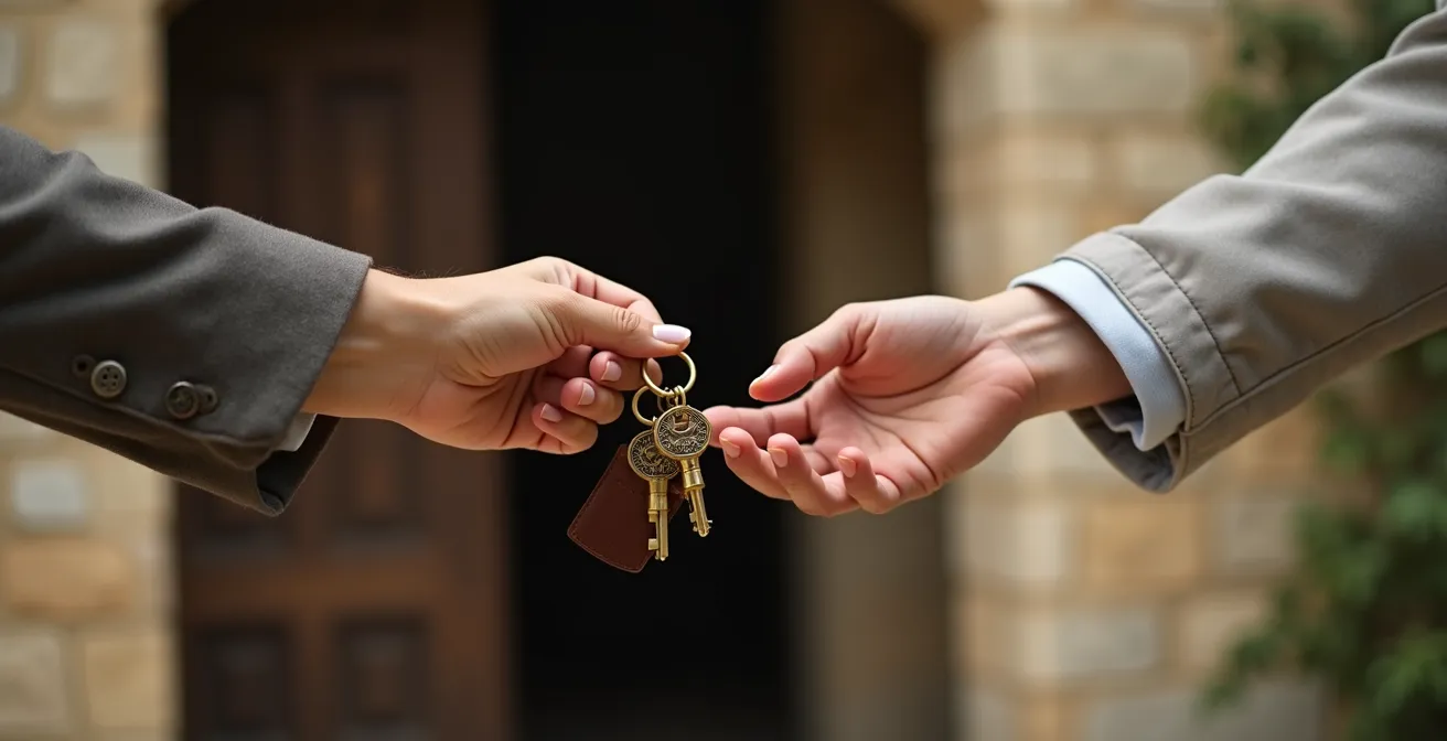 Échange de clés en main propre entre hôte et voyageur dans une entrée de maison française