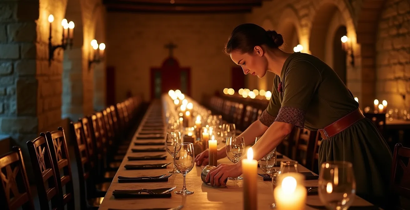 Grande salle de réception d'un château médiéval éclairée aux chandelles