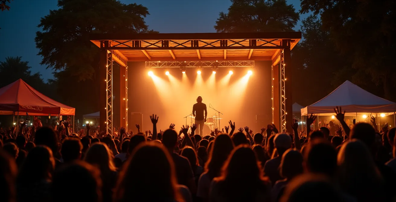 Petite scène de festival avec public très proche de l'artiste dans une atmosphère intimiste