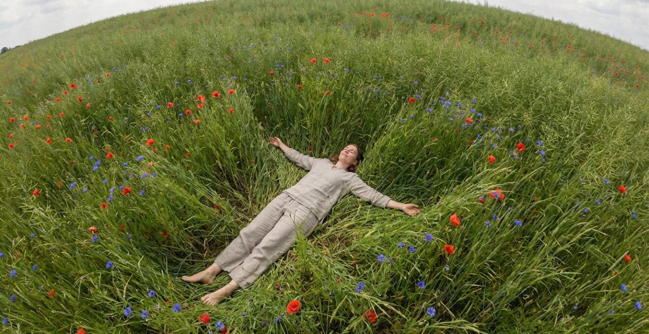 Vue aérienne d'une personne allongée dans l'herbe d'une prairie française