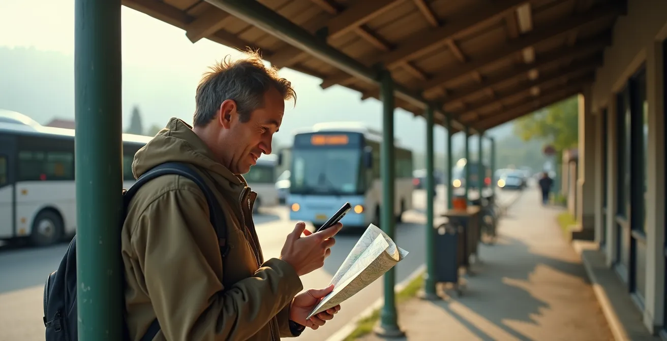 Scène montrant plusieurs alternatives de transport disponibles simultanément dans un village rural