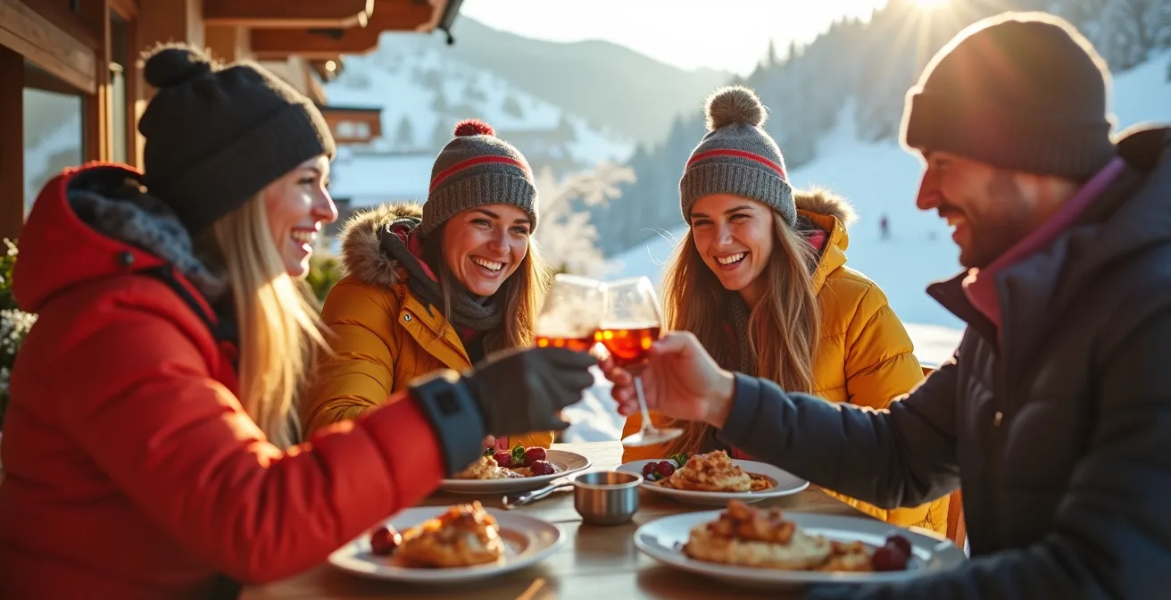 Restaurant de montagne dans une station de ski alpine avec terrasse ensoleillée et skieurs