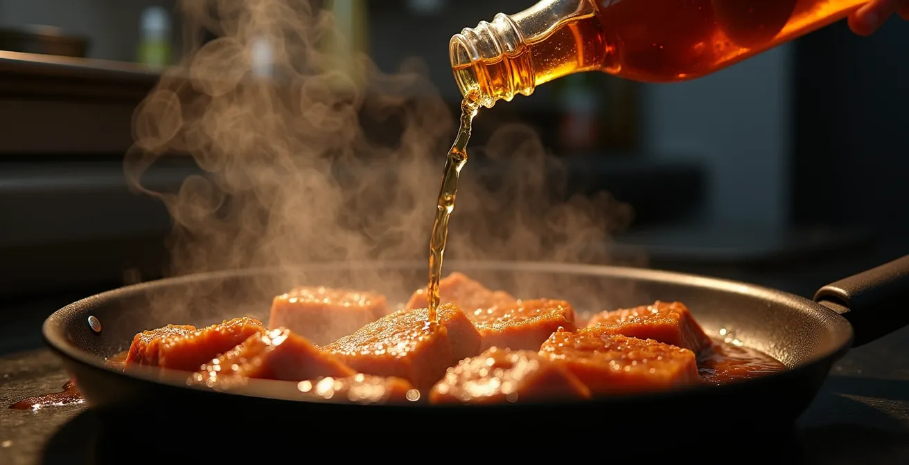 Main de chef versant un alcool doré dans une poêle fumante avec des sucs caramélisés