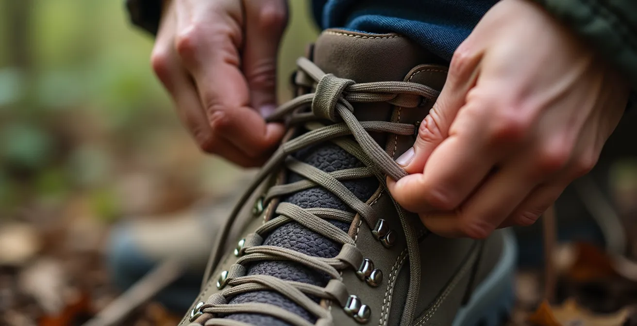 Gros plan sur une technique de laçage spéciale pour bloquer le talon dans une chaussure de randonnée