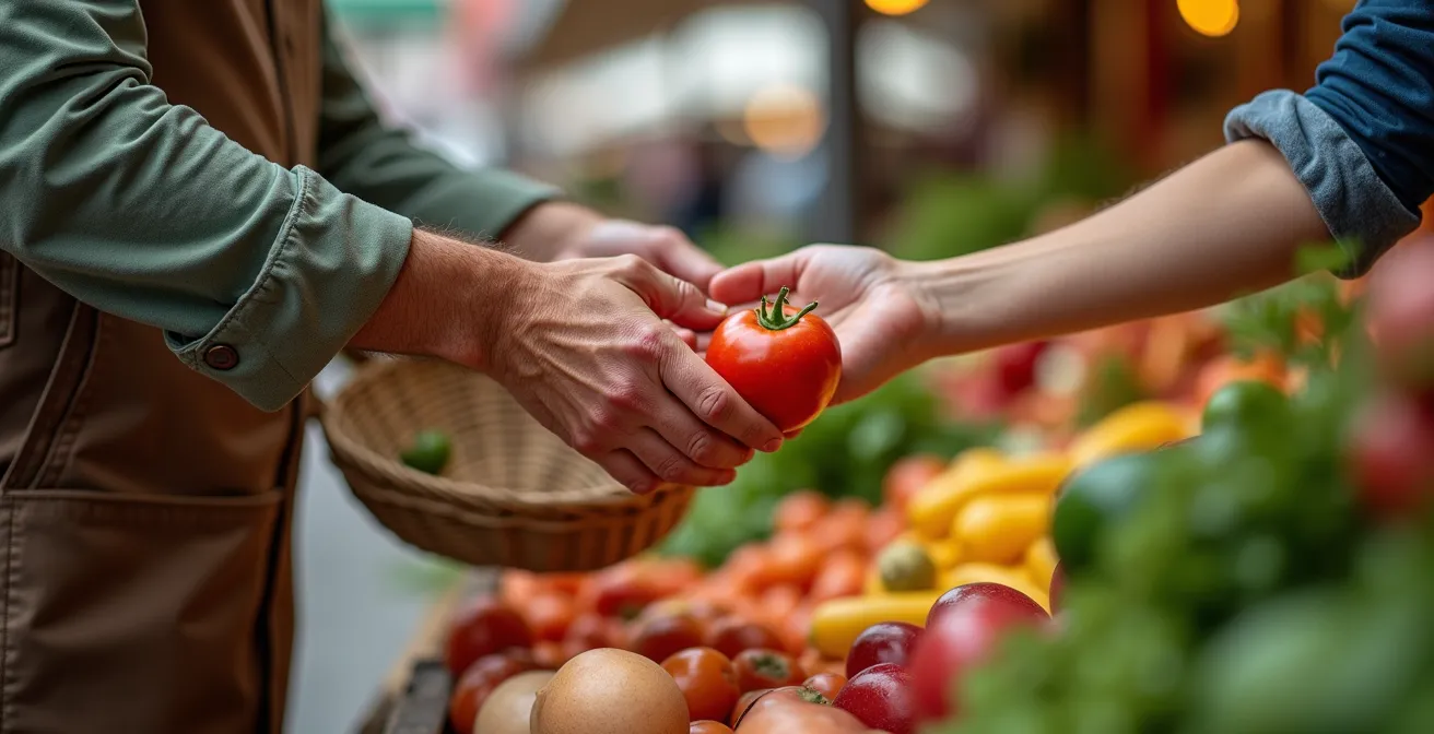 Scène de marché local français avec interactions naturelles entre habitants et quelques visiteurs respectueux