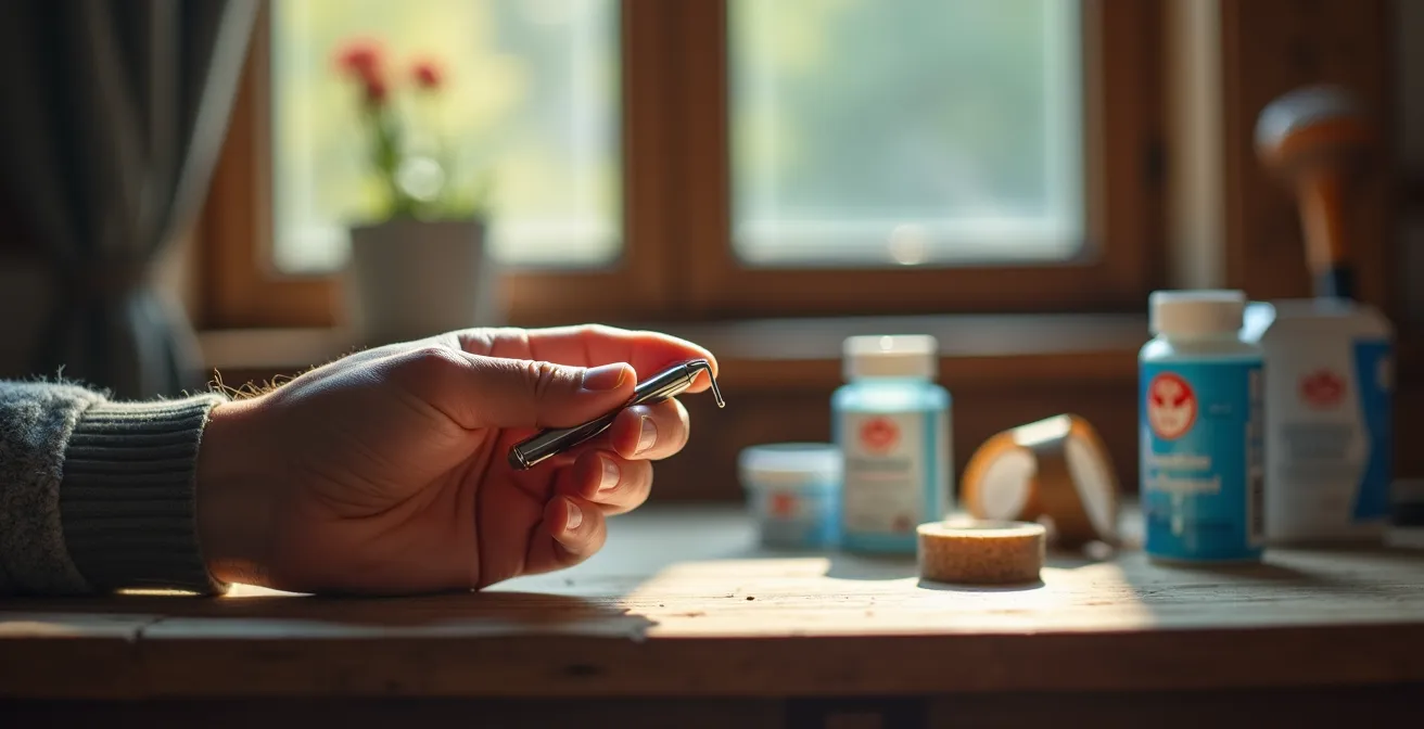 Gros plan sur une main tenant une pince tire-tique avec du matériel de premiers secours en arrière-plan flouté, évoquant la préparation pour un trek.