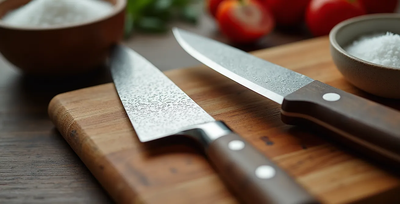 Ustensiles de cuisine essentiels photographiés en macro sur une table en bois