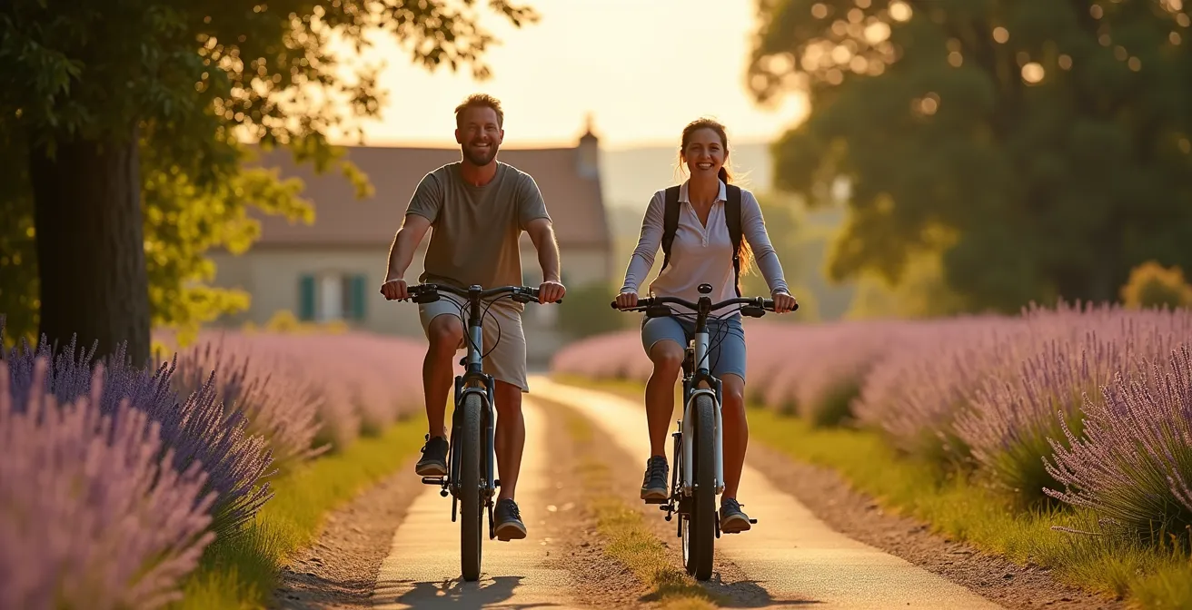 Couple à vélo électrique sur un chemin de campagne bordé de vignobles français