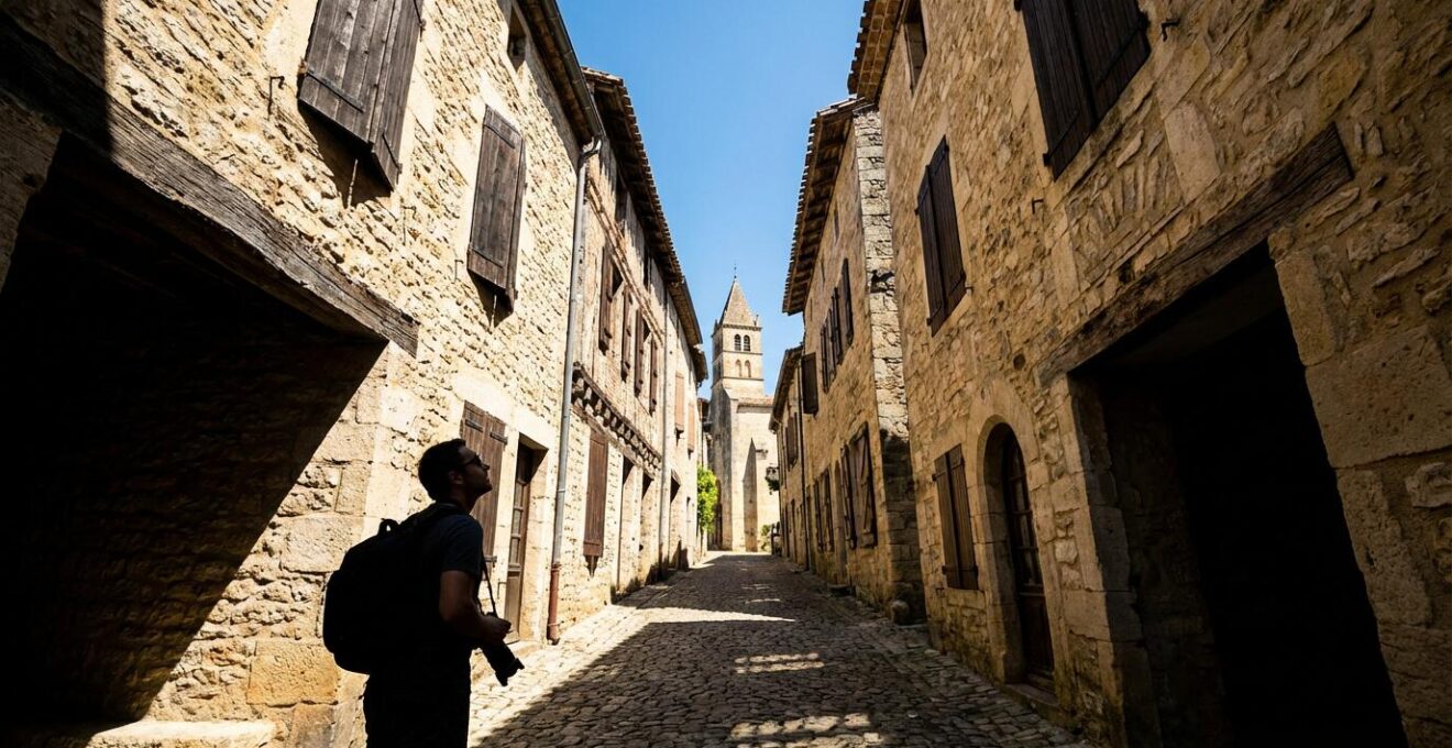 Photographe capturant une ruelle médiévale pavée sous le soleil de midi avec jeux d'ombres architecturaux