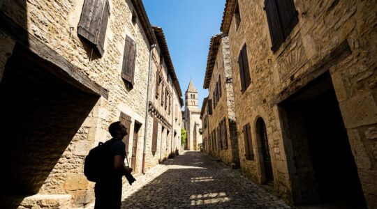 Photographe capturant une ruelle médiévale pavée sous le soleil de midi avec jeux d'ombres architecturaux