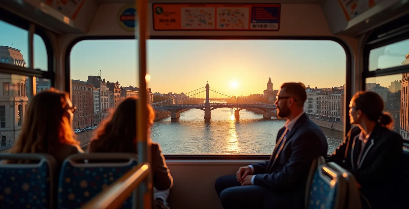 Vue depuis l'étage d'un bus traversant un pont historique